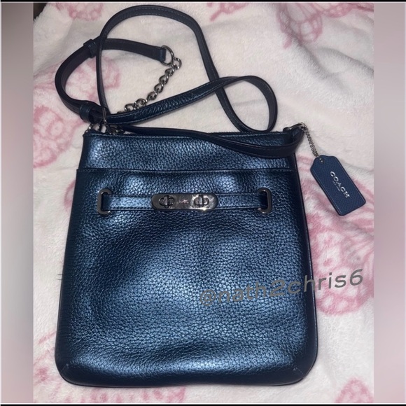 COACH Swingpack Metallic Blue Pebble Leather CrossBody Bag EUC - Picture 3 of 14